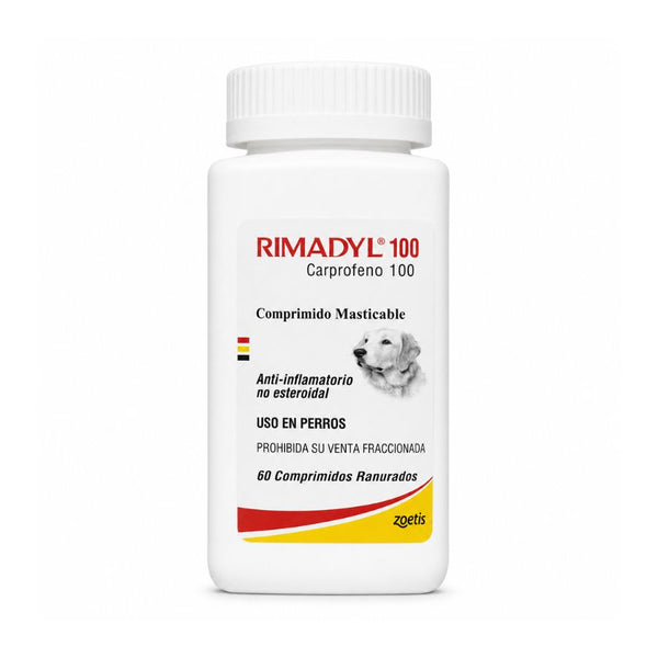 Frasco de Rimadyl 100 mg con 60 comprimidos masticables ranurados de carprofeno para perros, antiinflamatorio de Zoetis