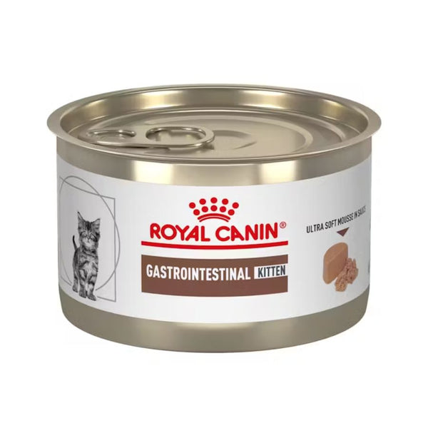 Royal Canin Gastrointestinal Kitten Lata 195g alimento húmedo mousse altamente digestible para gatitos, ideal para sensibilidad digestiva y crecimiento saludable.