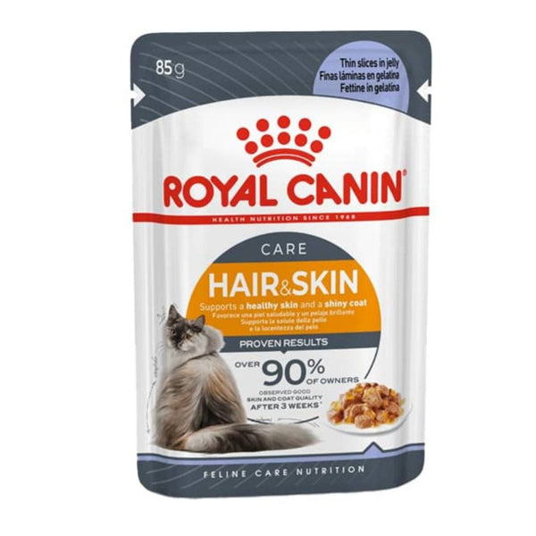 Royal Canin Pouch Hair & Skin 85 grs: Alimento húmedo para gatos, enriquecido con Omega 3 y 6, vitamina B y zinc. Favorece pelaje brillante, salud urinaria y peso ideal.