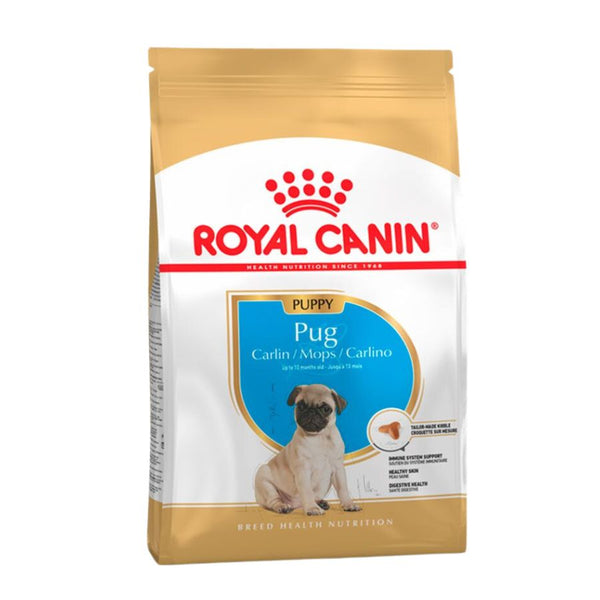 Royal Canin Pug Puppy 2.5 Kg: alimento completo para cachorros Pug, con croquetas especiales para su hocico, apoyando su salud digestiva y piel.
