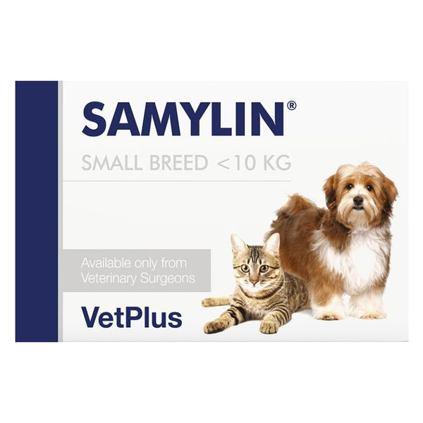 Samylin Perro Raza Pequeña y Gatos 30 Comprimidos Suplemento hepático con SAMe, Silibina y vitamina E, ideal para proteger el hígado de mascotas pequeñas.