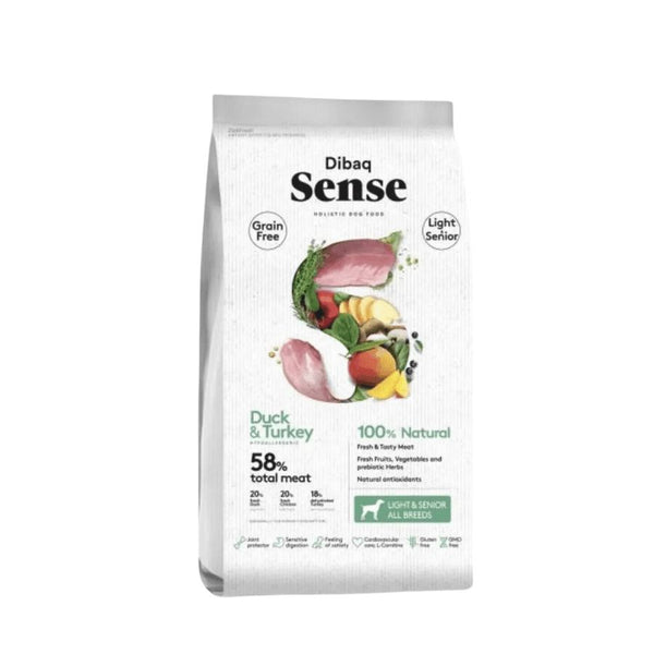Dibaq Sense Pavo y Pato Light 12kg: Nutrición saludable para perros senior con control de peso.