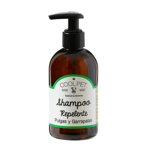 Shampoo Repelente de Pulgas y Garrapatas CoolPet, con aceite de Tea Tree, ideal para pieles sensibles y protección natural contra parásitos.
