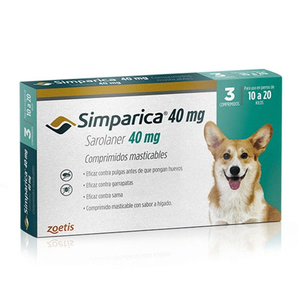 Simparica 10 - 20kg (40mg), comprimido masticable antiparasitario. Elimina pulgas, garrapatas y sarna con acción rápida y protección por 35 días.