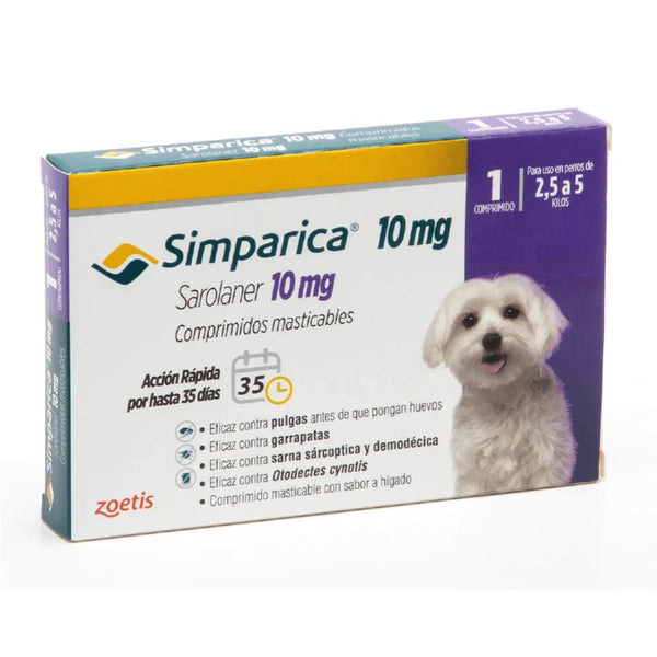 Simparica 2.5 - 5kg (10mg), comprimido masticable antiparasitario. Elimina pulgas, garrapatas y sarna con acción rápida y protección por 35 días.