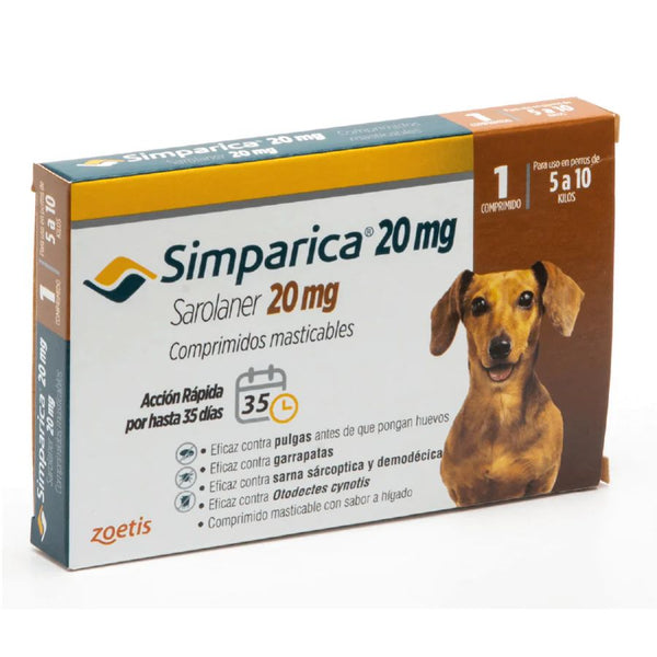 Simparica 5 - 10kg (20mg), comprimido masticable antiparasitario. Elimina pulgas, garrapatas y sarna con acción rápida y protección por 35 días.