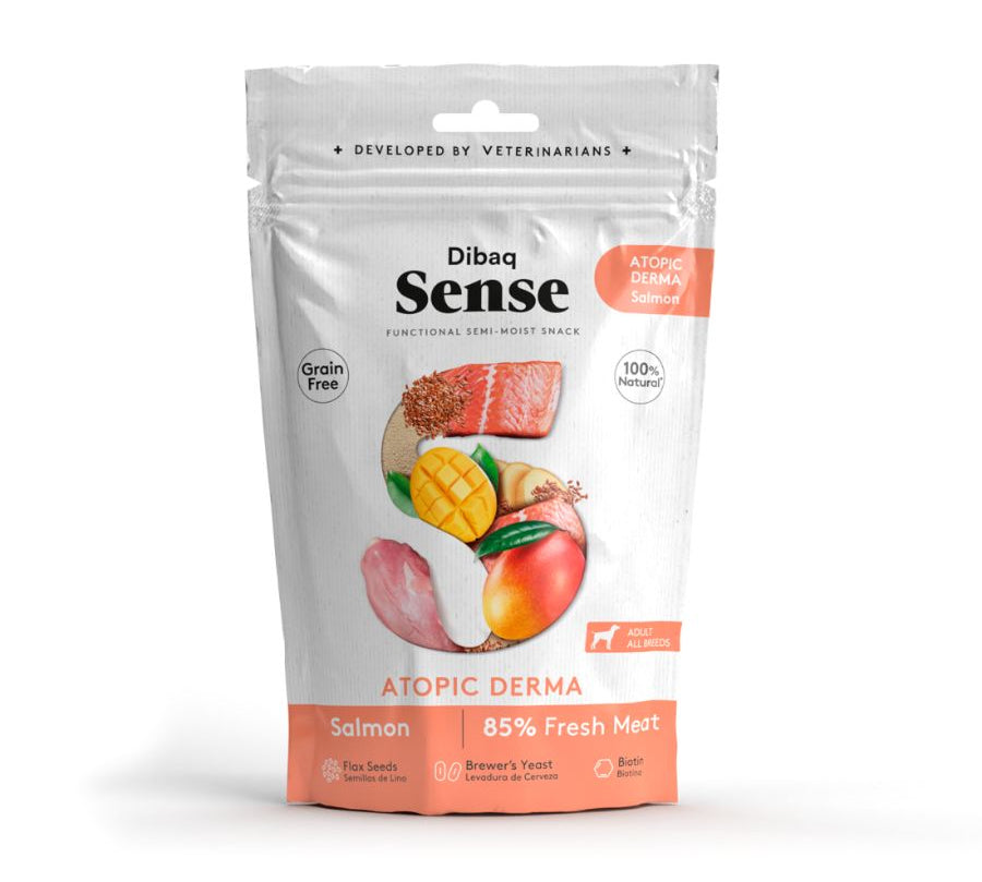 Snack Atopic Derma de Salmón Dibaq Sense, con biotina y salmón fresco para un pelaje brillante y piel saludable. ¡Nutrición natural para tu perro!