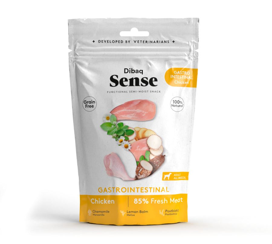Snack Funcional Gastrointestinal de Pollo Dibaq Sense, ideal para perros con digestiones sensibles, elaborado con pollo fresco y plantas digestivas.