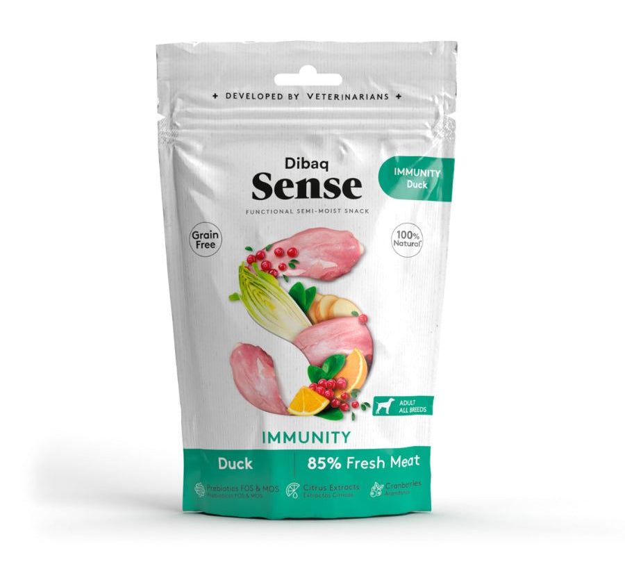 Snack Funcional Inmunológico de Pato Dibaq Sense, con pato fresco y antioxidantes naturales para fortalecer el sistema inmunológico de tu perro.