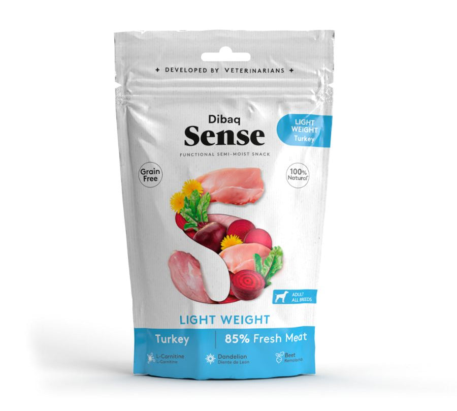 Snack Funcional Light Weight de Pavo Dibaq Sense, bajo en grasa y con L-Carnitina, ideal para perros con sobrepeso. ¡Controla su peso de forma natural!