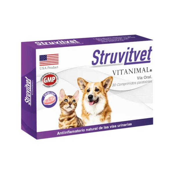 Struvitvet 30 Comprimidos, suplemento natural que previene y disuelve cristales de estruvita. Ideal para cuidar la salud urinaria de tu mascota.