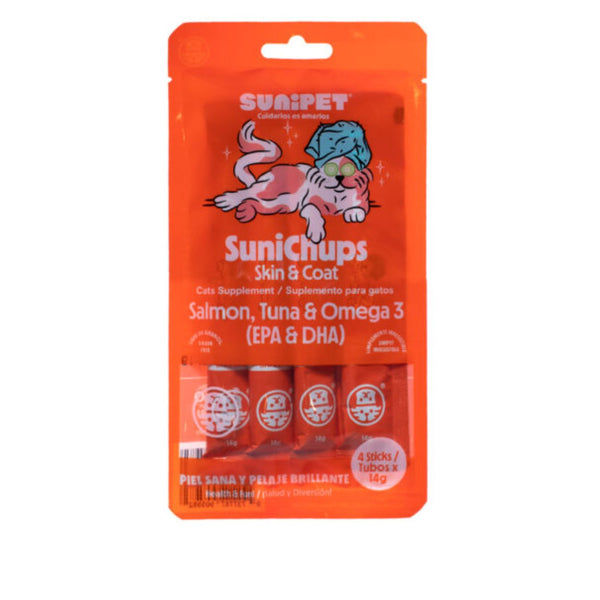 SuniChups Skin and Coat Snack Funcional para Gatos mejora piel y pelaje con Omega 3, salmón y atún, natural y sin granos.