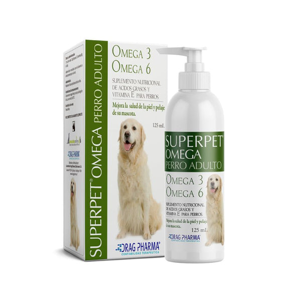 Superpet Omega Perro Adulto 125 ml mejora el pelaje, fortalece defensas y protege el corazón con Omega 3, 6 y vitamina E. Ideal para perros adultos.