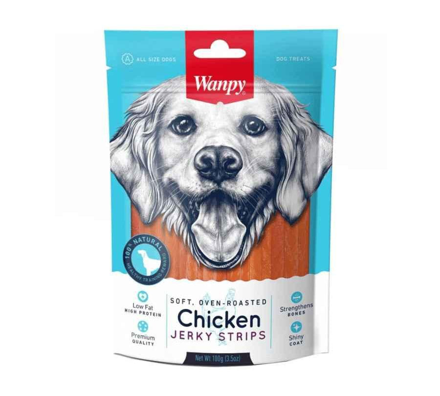 Wanpy Soft Chicken Jerky Strips para Perros, 100% naturales, altas en proteína y bajas en grasa, ideales para una nutrición balanceada.