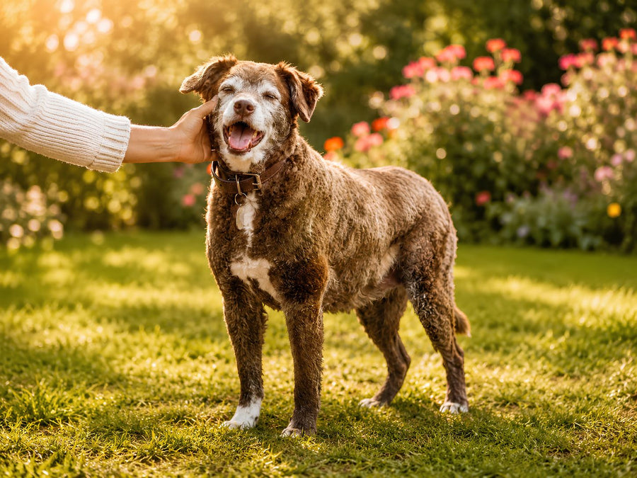 perro desparasitado sonriendo mientras es acariciado