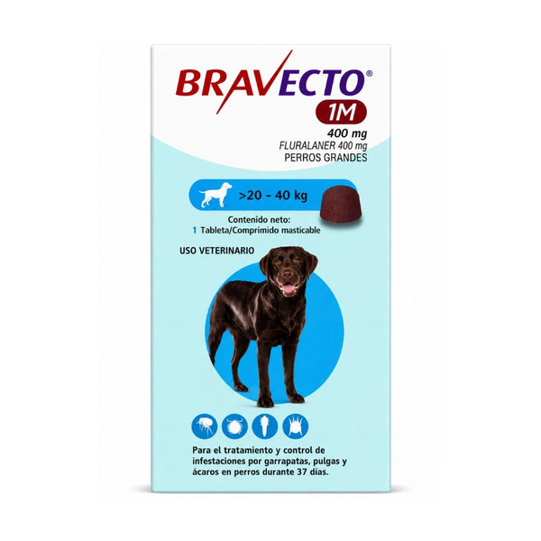 Bravecto 1M Perro 20-40 kg 400 mg, comprimido masticable antiparasitario con fluralaner, frente del envase