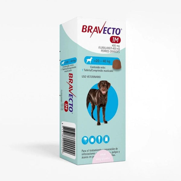 Bravecto Perro 1 Mes 20 a 40 kg (400 mg), comprimido masticable antipulgas y garrapatas. Acción prolongada por 37 días. Trata también sarna y ácaros. B-Pets