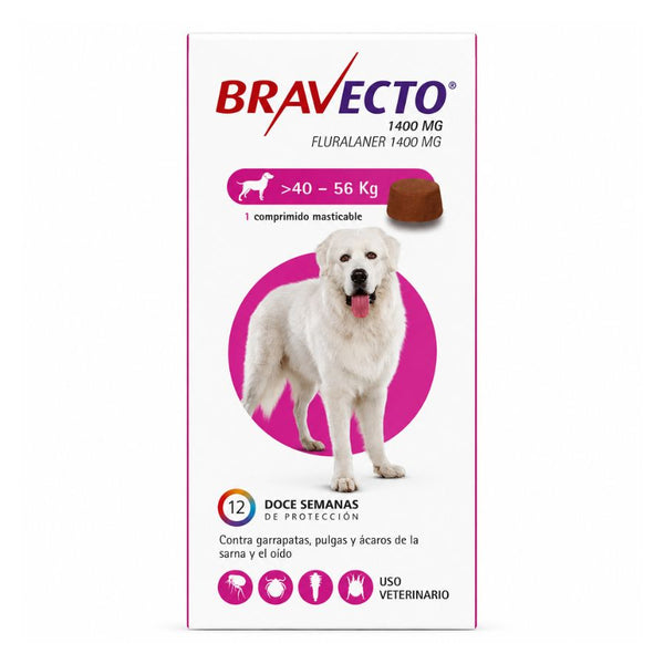 Bravecto Perro 40-56 kg 1400 mg, comprimido masticable antiparasitario, frente del envase con 12 semanas de protección