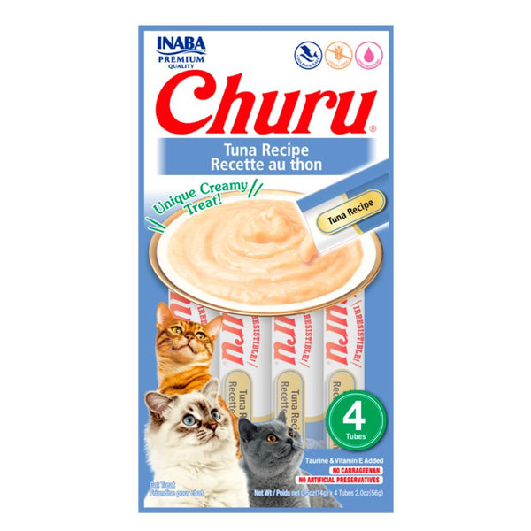 Snack cremoso Churu Atún: puré de atún real, hidratación y sabor máximo. Sin granos, ideal para combinar con alimentos o medicinas.