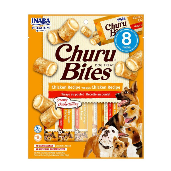 Churu bites Pollo para Perros, snack cremoso sin granos, con pollo, atún, vitamina E y textura suave irresistible.