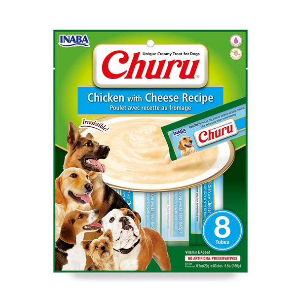 Churu Perro Sabor Pollo y Queso 8 tubos snack cremoso bajo en calorías, sin cereales y con alta humedad para perros.