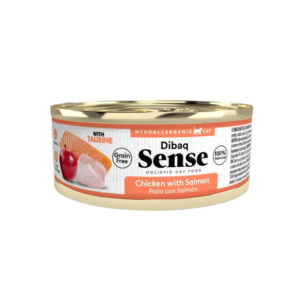 Alimento Húmedo Gato Adulto Dibaq Sense Pollo & Salmón: Alimento hipoalergénico y natural para gatos adultos. Con prebióticos, extracto de yuca y taurina para una salud óptima. ¡Cuida a tu gato con lo mejor!