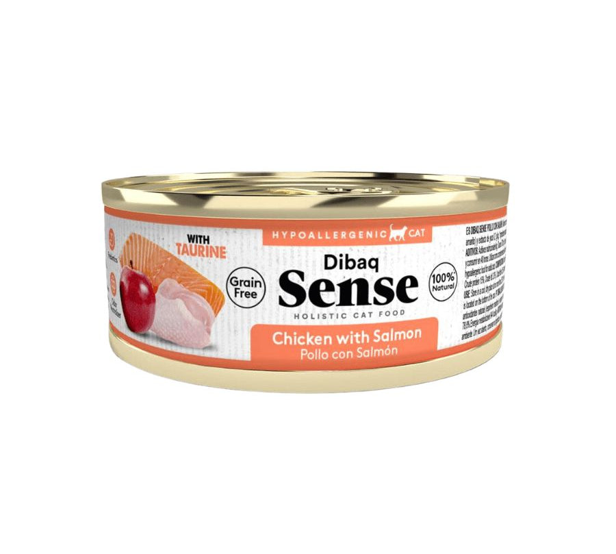 Alimento Húmedo Gato Adulto Dibaq Sense Pollo & Salmón: Alimento hipoalergénico y natural para gatos adultos. Con prebióticos, extracto de yuca y taurina para una salud óptima. ¡Cuida a tu gato con lo mejor!