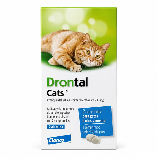 Caja de Drontal Cats antiparasitario interno para gatos, 2 comprimidos, vista frontal del envase