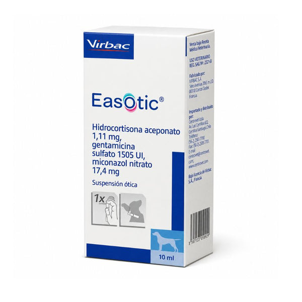 Caja de Easotic Virbac 10 ml en vista tres cuartos, con el frente del envase y el lateral del registro SAG