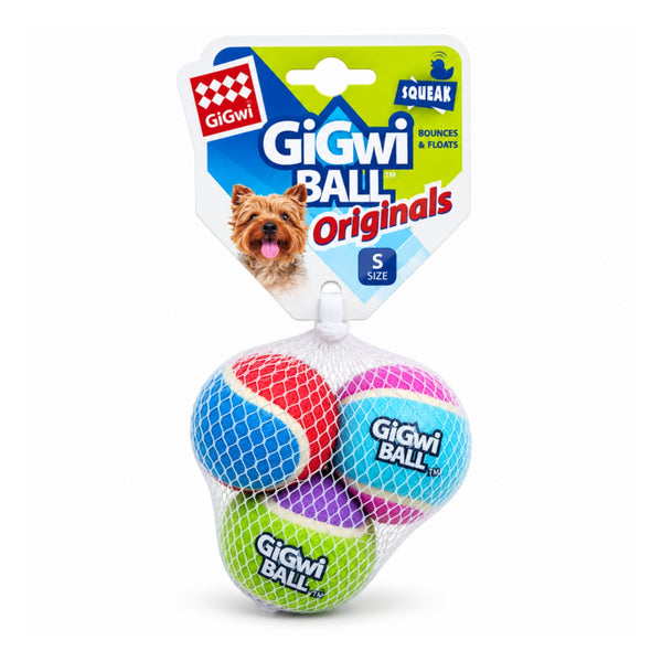 Pack Gigwi Ball Originals talla S con 3 pelotas de tejido de tenis con squeaker para perros, en su malla