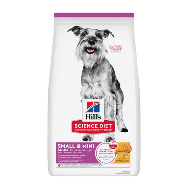 Bolsa frontal de Hills Science Diet Adult 7+ Small & Mini 2 kg con schnauzer y receta de pollo y arroz integral