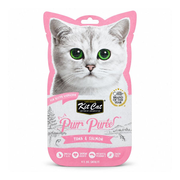 Empaque frontal de Kit Cat Purr Puree Atún y Salmón, snack cremoso para gatos con 4 sachets de 15 g