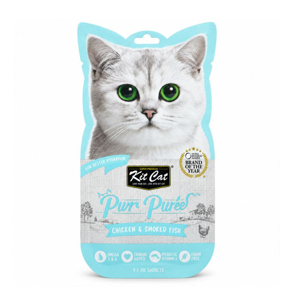 Empaque frontal de Kit Cat Purr Puree Pollo y Pescado Ahumado, snack cremoso para gatos con 4 sachets de 15 g
