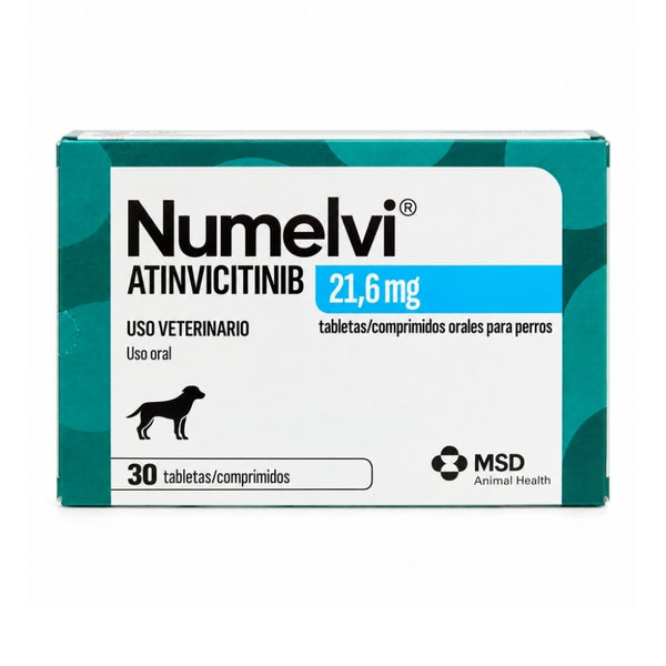 Numelvi 21,6 mg 30 comprimidos, vista frontal de la caja de atinvicitinib para perros medianos de MSD Animal Health