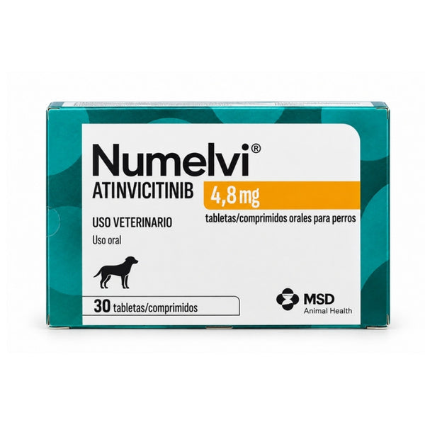 Numelvi 4,8 mg 30 comprimidos, vista frontal de la caja de atinvicitinib para perros pequeños y toy de MSD Animal Health