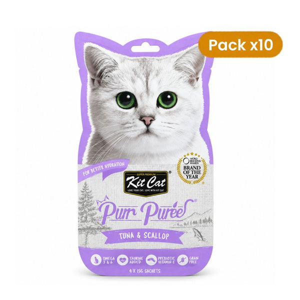 Empaque de Kit Cat Purr Puree Atún y Ostión con distintivo Pack x10, formato de 10 sobres y 40 sachets