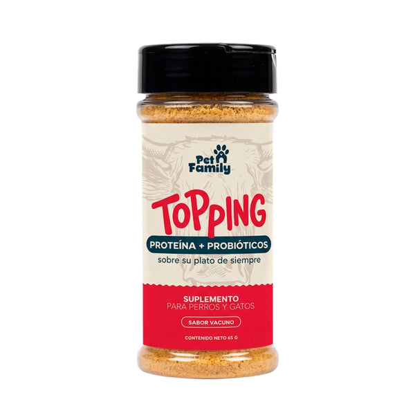 Pet Family Topping Proteína + Probióticos sabor vacuno, frasco dispensador en vista frontal