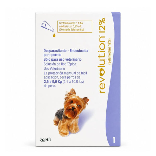 Revolution 12% 0,25 mL para perros de 2,6 a 5 kg, caja Zoetis con tubo unidosis de 30 mg de selamectina