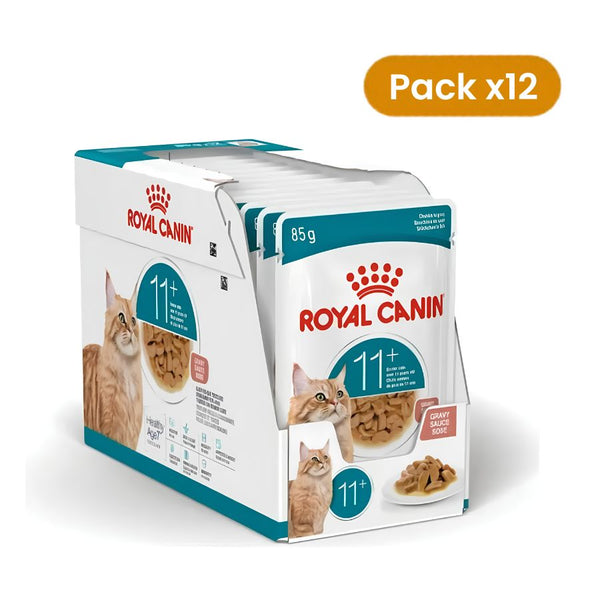 Caja display con doce sobres de 85 g de Royal Canin Ageing 11+ en salsa para gatos senior