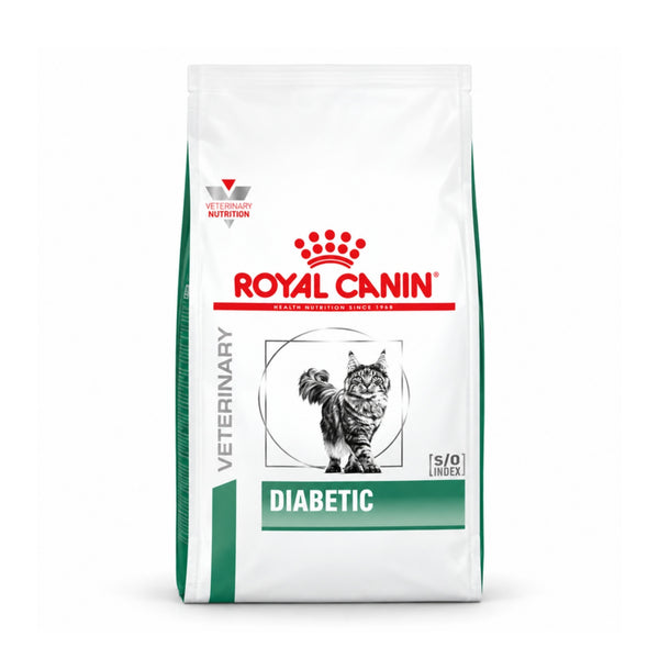 Saco Royal Canin Diabetic para gatos de 1,5 kg, vista frontal del envase veterinario blanco y verde