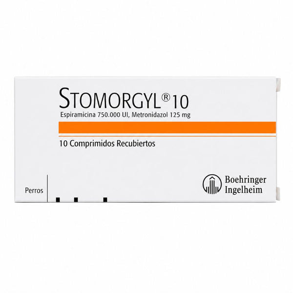 Caja frontal de Stomorgyl 10, antibiótico oral para perros con espiramicina y metronidazol, 10 comprimidos