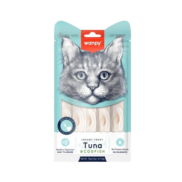 Descubre Wanpy Creamy Treat Atún & Bacalao para Gatos, un snack premium 100% natural para gatos de más de 3 meses. Textura suave, libre de granos, fácil de digerir y sin colorantes ni preservantes.