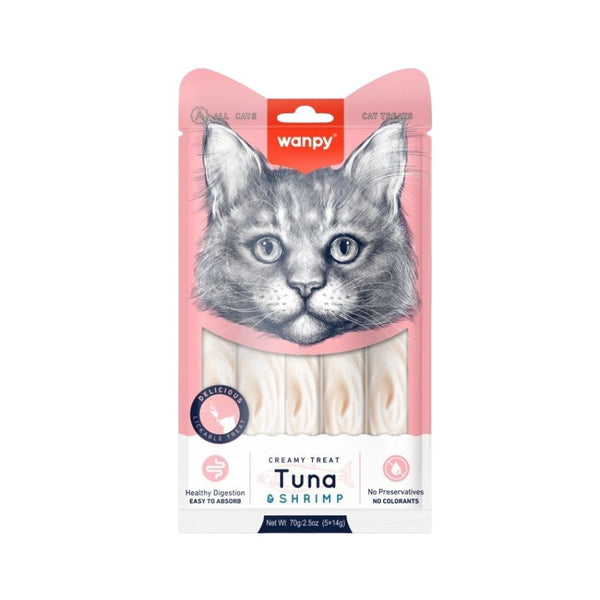 Descubre Wanpy Creamy Treat Atún & Camarón para Gatos, un snack premium 100% natural para gatos de más de 3 meses. Textura suave, libre de granos, fácil de digerir y sin colorantes ni preservantes. ¡Una recompensa saludable para tu gathijo!