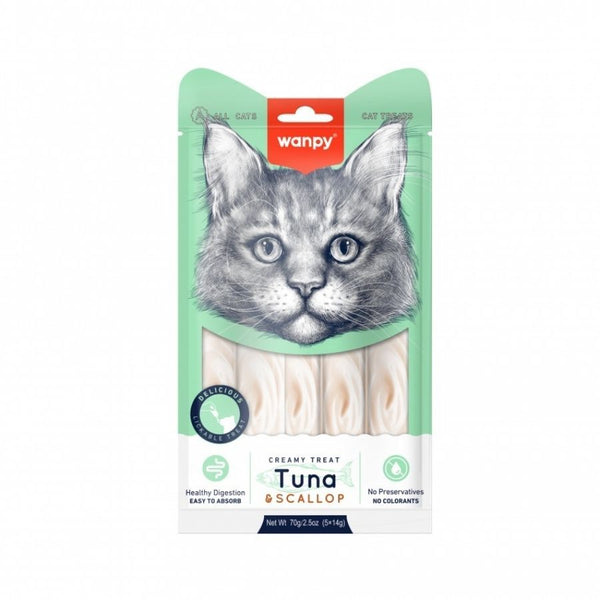 Descubre Wanpy Creamy Treat Atún & Ostión para Gatos, un snack premium 100% natural para gatos de más de 3 meses. Textura suave, libre de granos, fácil de digerir y sin colorantes ni preservantes.