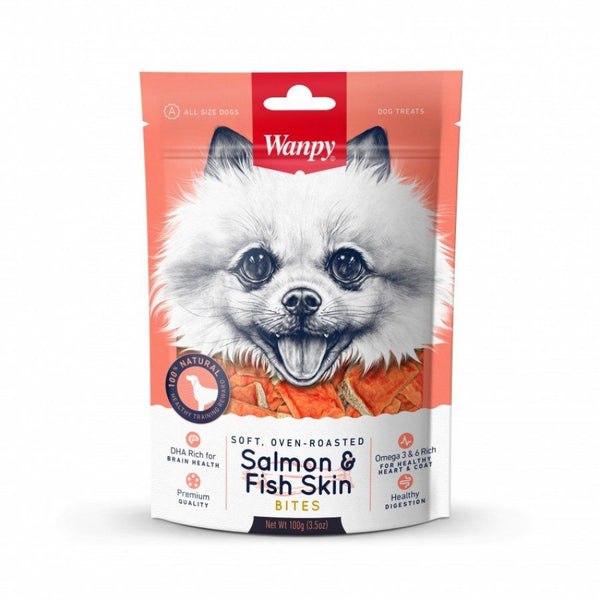Descubre Wanpy Salmon & Fish Skin, un snack premium 100% natural para perros de todas las edades. Textura suave, alto en Omega 3, Omega 6, RHA y rico en proteínas para una mejor salud de su cerebro y su corazoncito. ¡Una recompensa saludable para tu perrhijo!