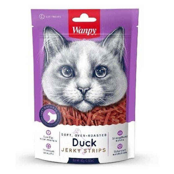 Descubre Wanpy Soft Duck Jerky Strips para Gatos, un snack premium 100% natural para gatos de todas las edades. Textura suave, bajo en grasas, y rico en proteínas.