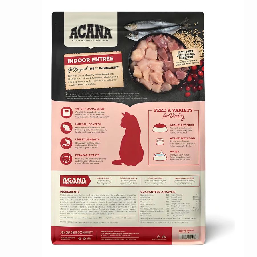 Acana Cat Indoor Entree 4,5kg, con 65% de ingredientes animales, ayuda al control de peso, bolas de pelo y digestión en gatos indoor.