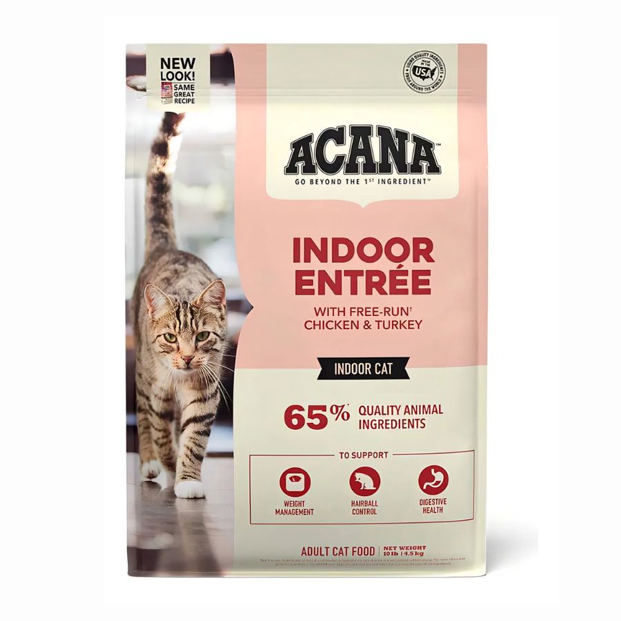 Acana Cat Indoor Entree 4,5kg, con 65% de ingredientes animales, ayuda al control de peso, bolas de pelo y digestión en gatos indoor.