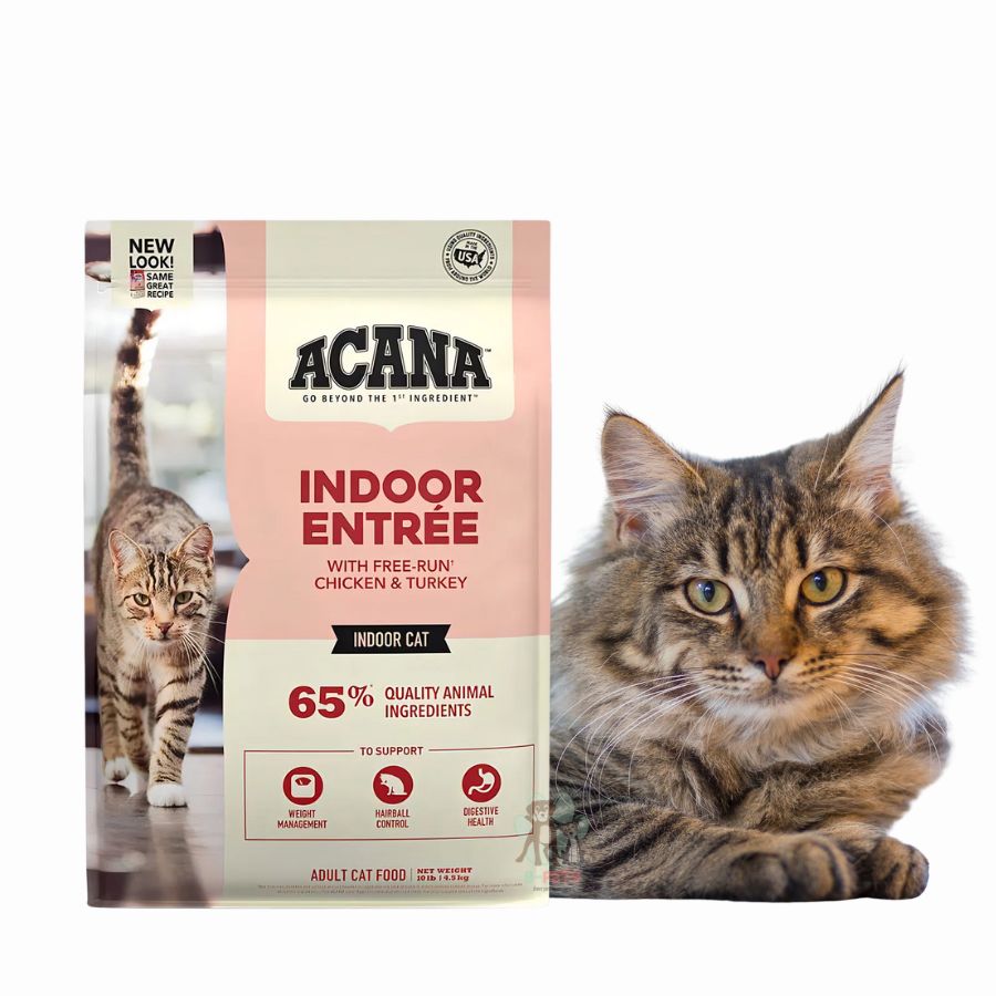 Acana Cat Indoor Entree 4,5kg, con 65% de ingredientes animales, ayuda al control de peso, bolas de pelo y digestión en gatos indoor.