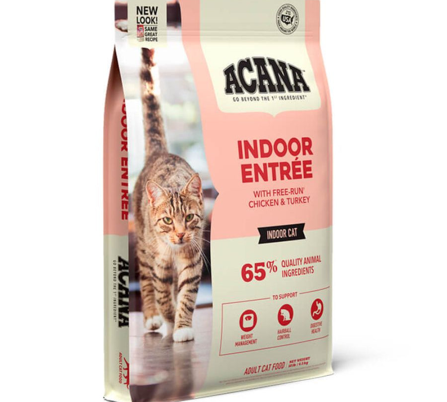 Acana Cat Indoor Entree 4,5kg, con 65% de ingredientes animales, ayuda al control de peso, bolas de pelo y digestión en gatos indoor.